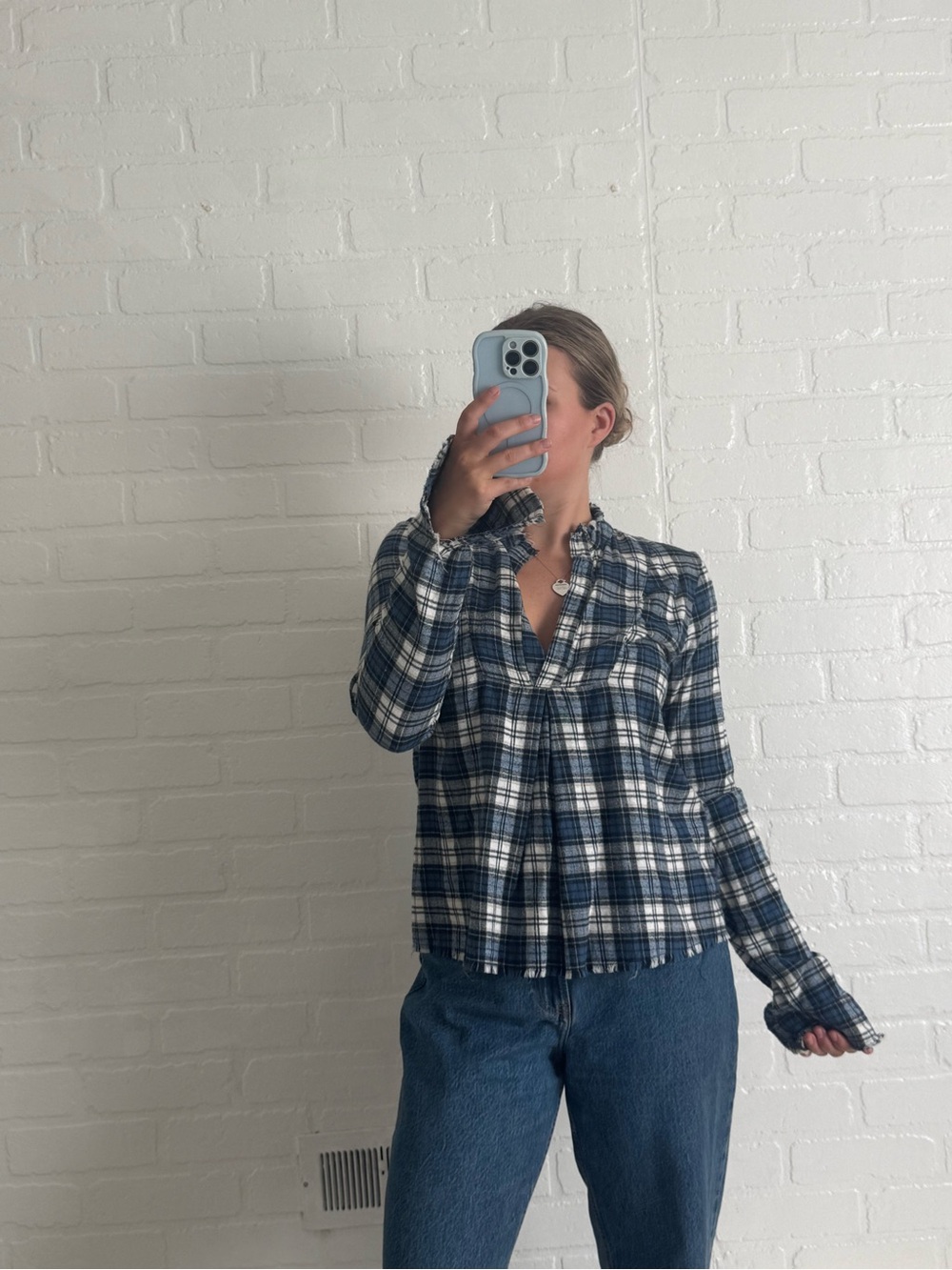 Kettle Black Blouse V-Neck Cropped Flannel in Plaid Blue Black White